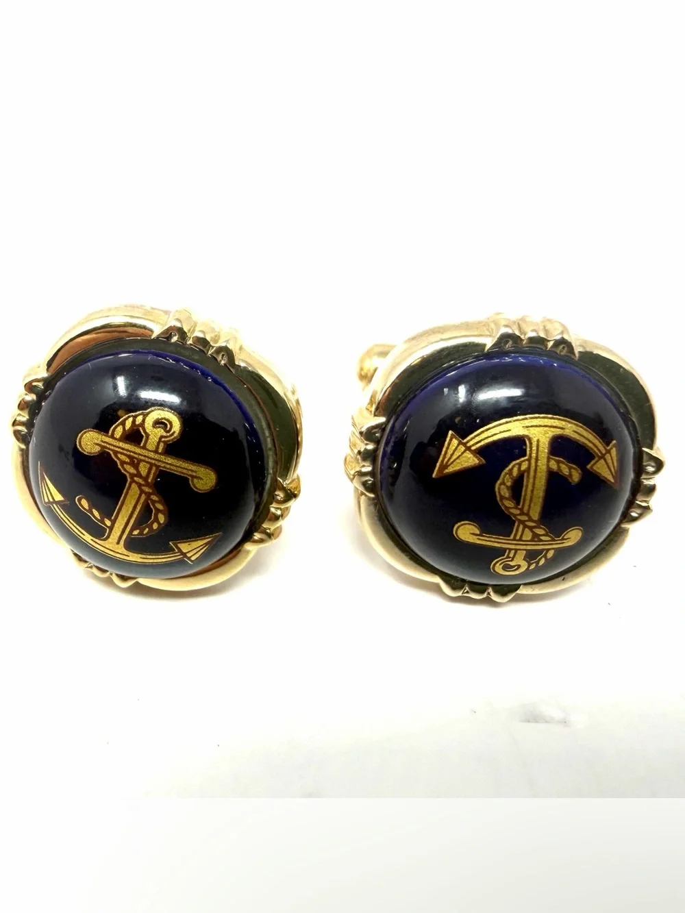 Limoges Castels France Cufflinks & Tie Clip Set Gold Color Navy Nautical Anchor